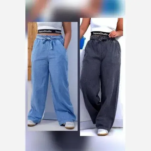 شلوار بگ زنانه طرح جین نیل ترک وارداتی کمر کش